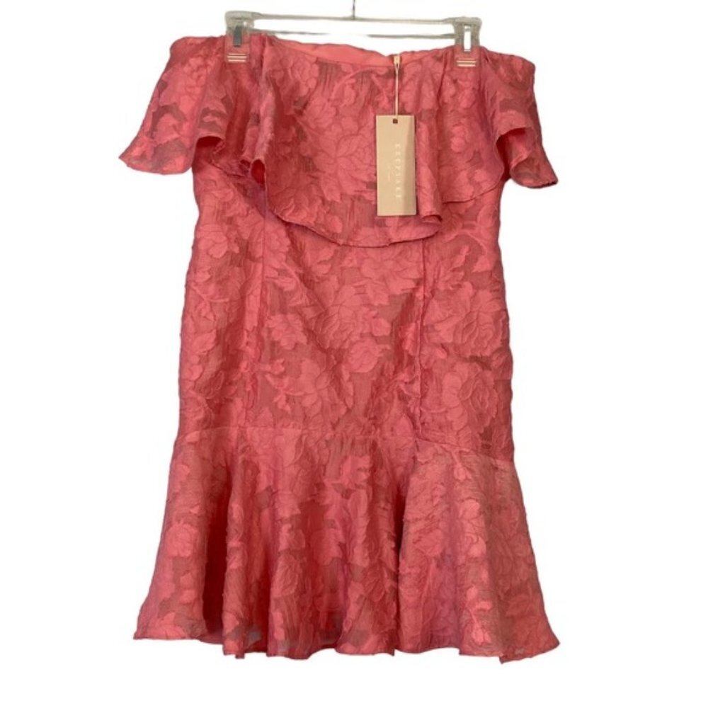 NWT Keepsake Women's Floral Off Shoulder Mini Lace Dress Tiered Hem Coral  Large
